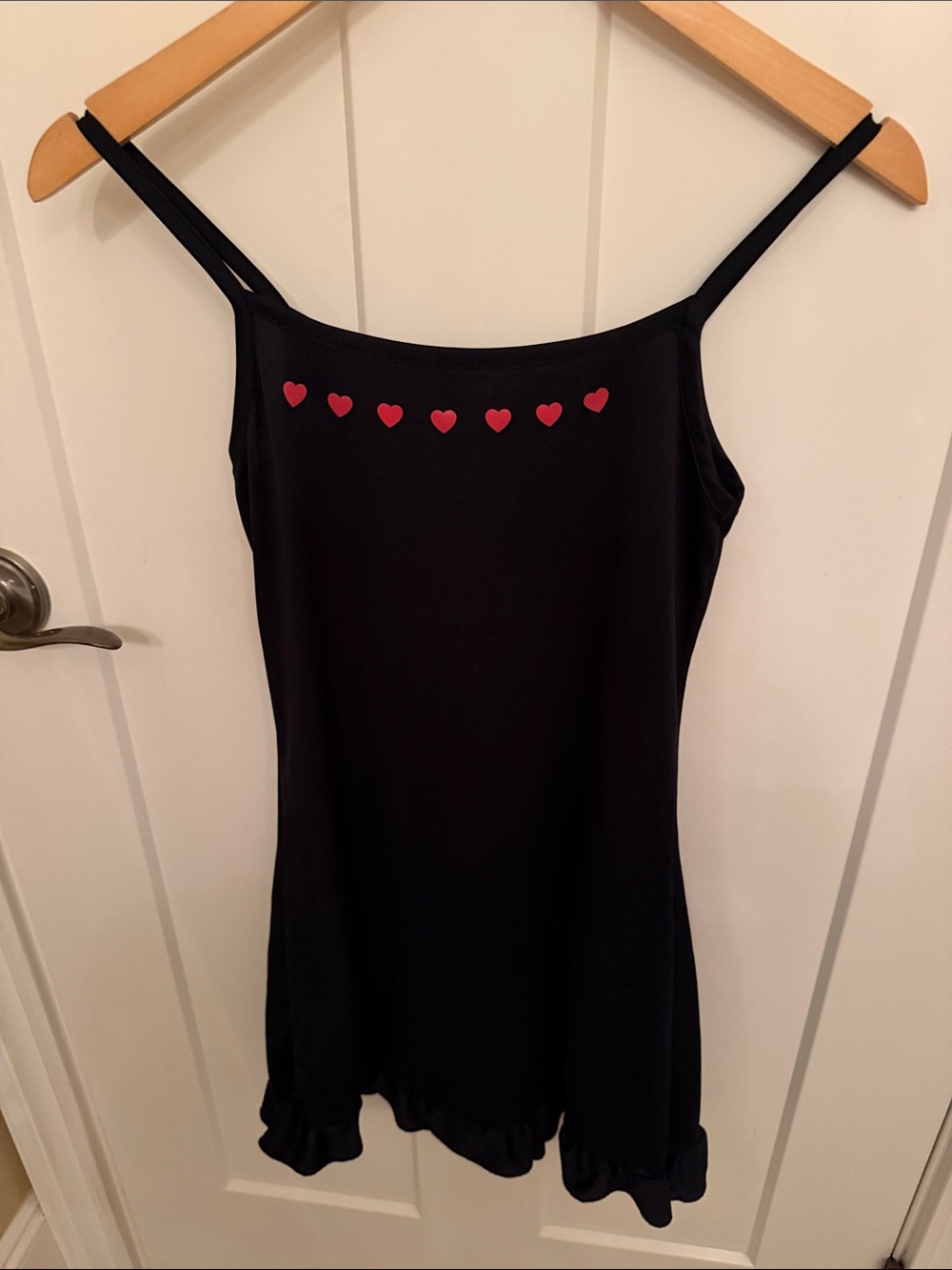 Black Heart-Detail Spaghetti Strap Tank Dress / Nightgown with Ruffle Hem